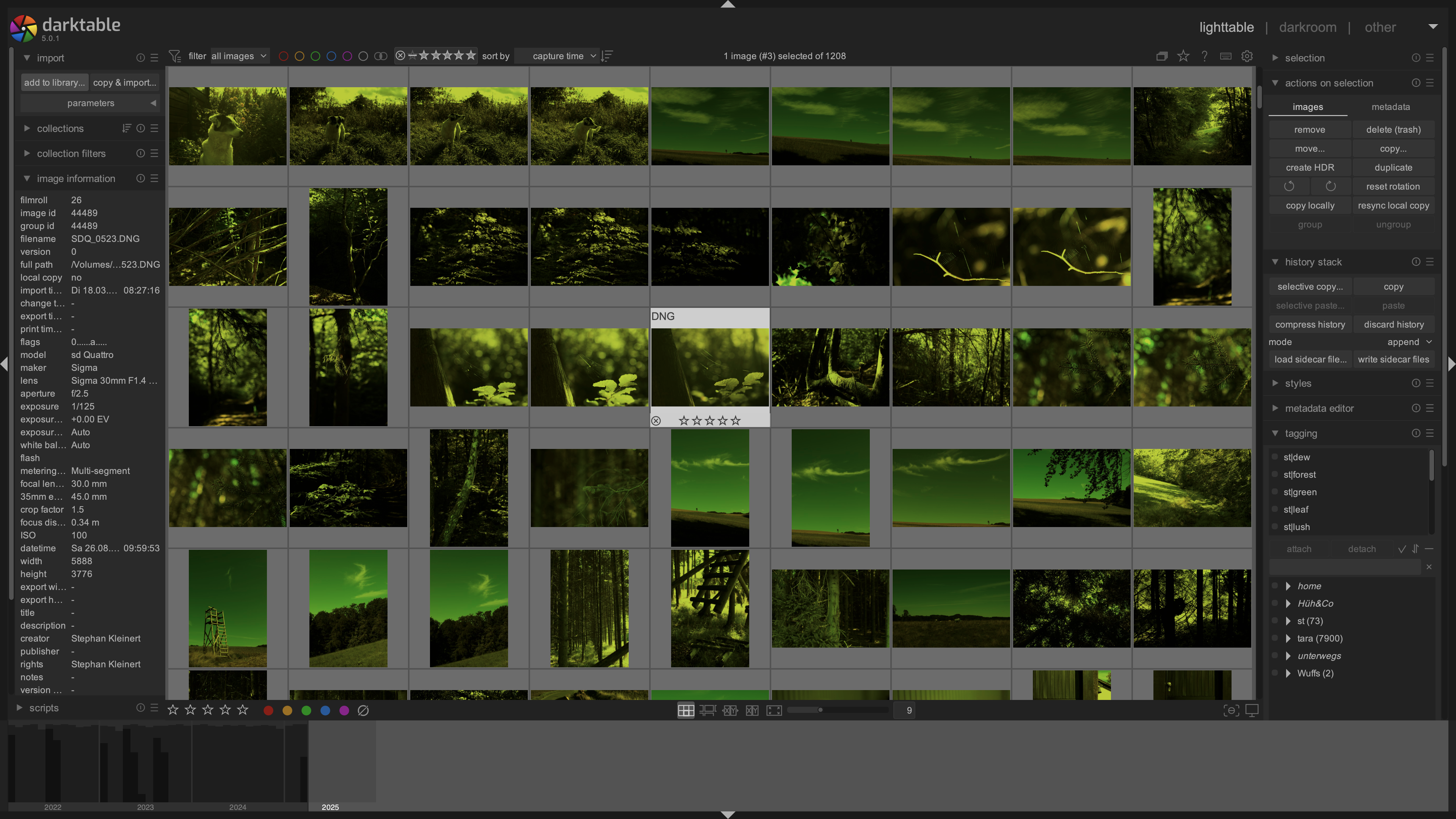 Screenshot of darktable showing a lot of Sigma DNG picture thumbnails in ugly yellow colour.