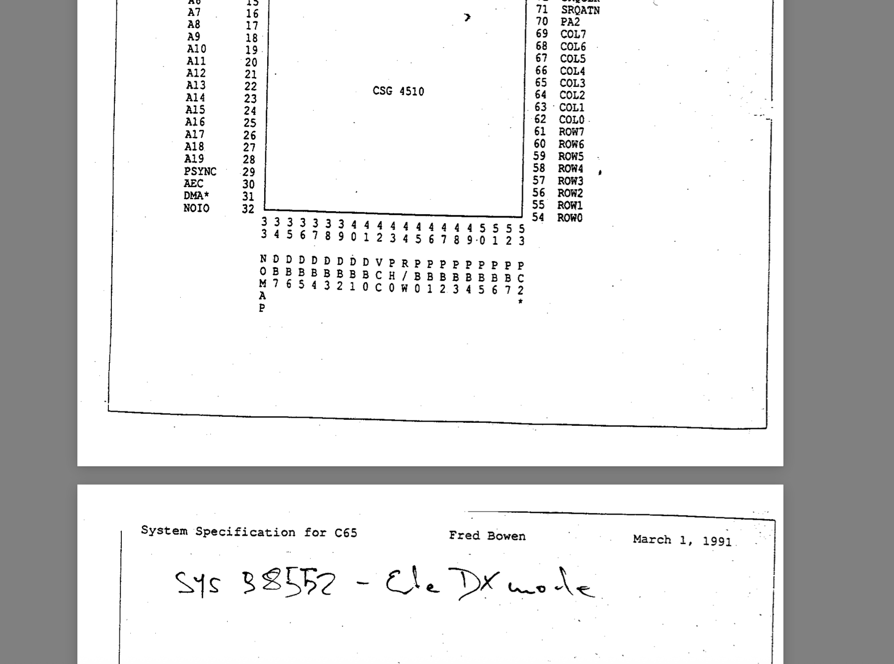 Ausschnitt aus der Original C65 Spezifikation mit handgeschriebener Notiz