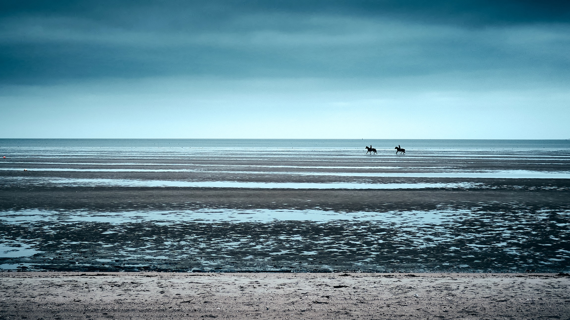 Two distant horses with riders galloping on a deserted, cloudy beach.
