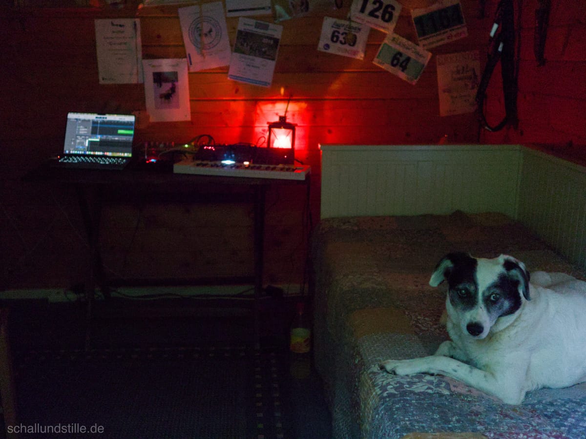 A small room in a wooden cabin. Various synthesizers and keyboards are on a wooden table on one side of the room. On the othe
