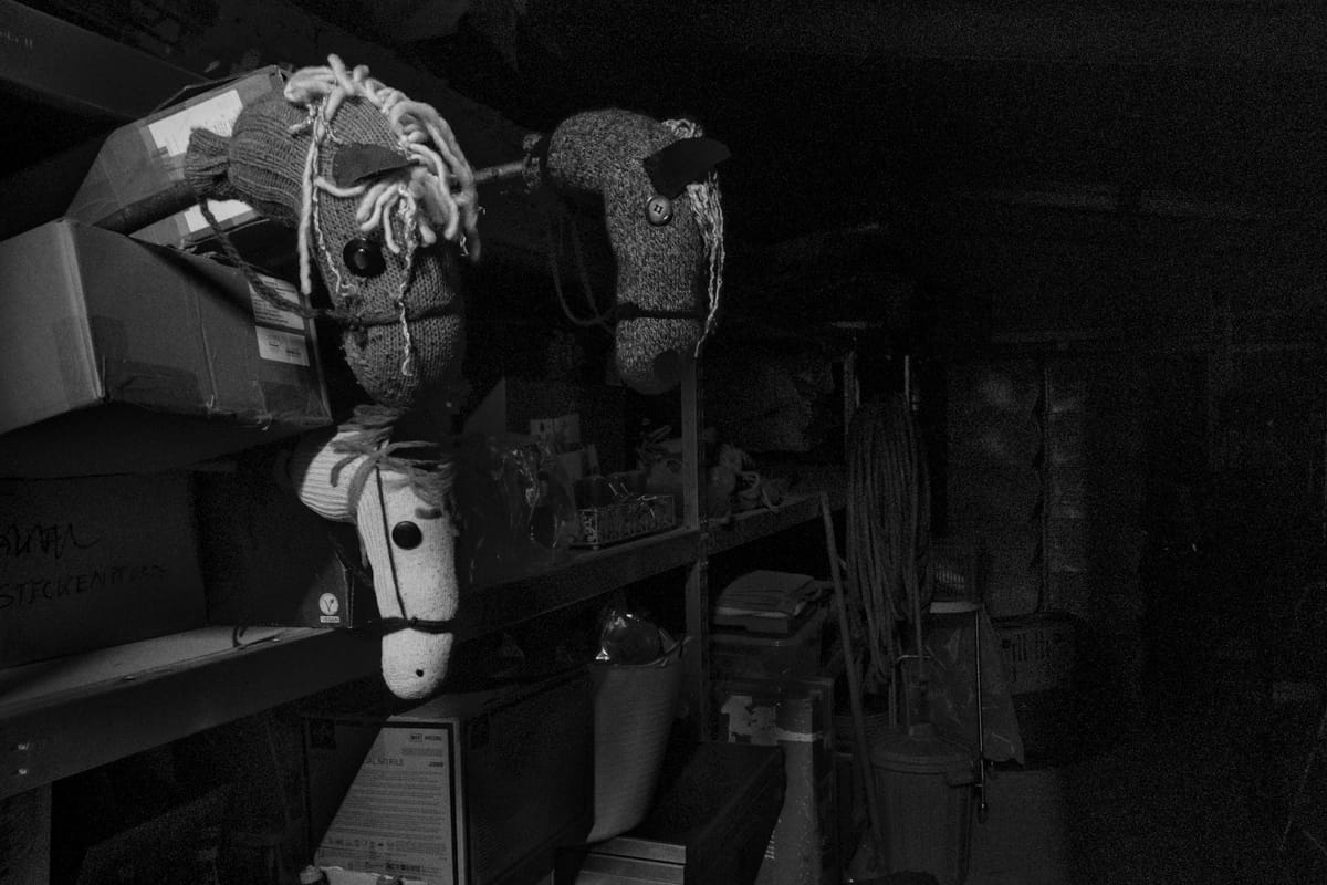 Three hobby horses stacked away in a shelf in a dark storage room