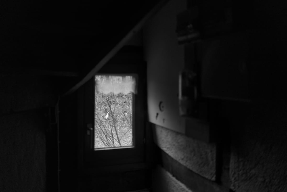 Black and white picture of a dark corner inside a house with a little window. Thought he window a small runner duck and some