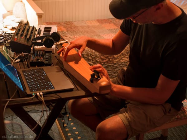 Me playing the Kantele in my little makeshift studio in the wooden cabin at the Reinhardswald.