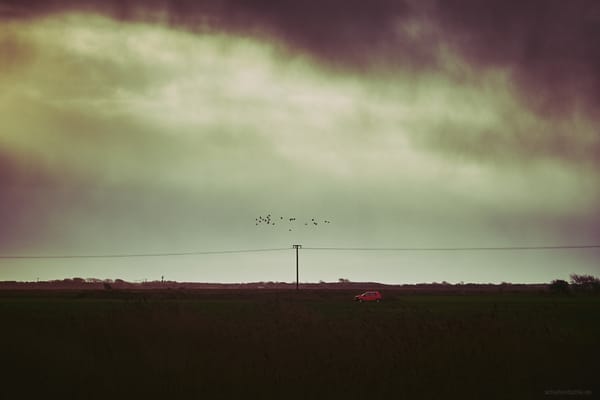 a red car parked on a meadow between a stormy sky and several birds flying by