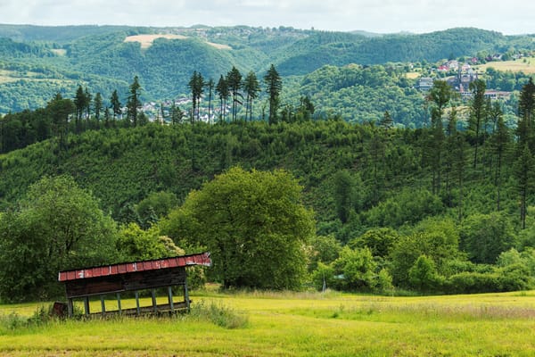 A landscape picture with a rusty cabinet in the foreground and wooden hills in the background. behind the hills are more hill