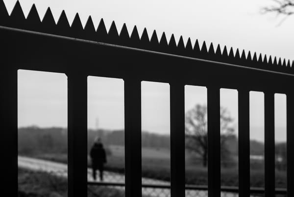 Black and white image of a steel gate with a person walking on a road visible behind it